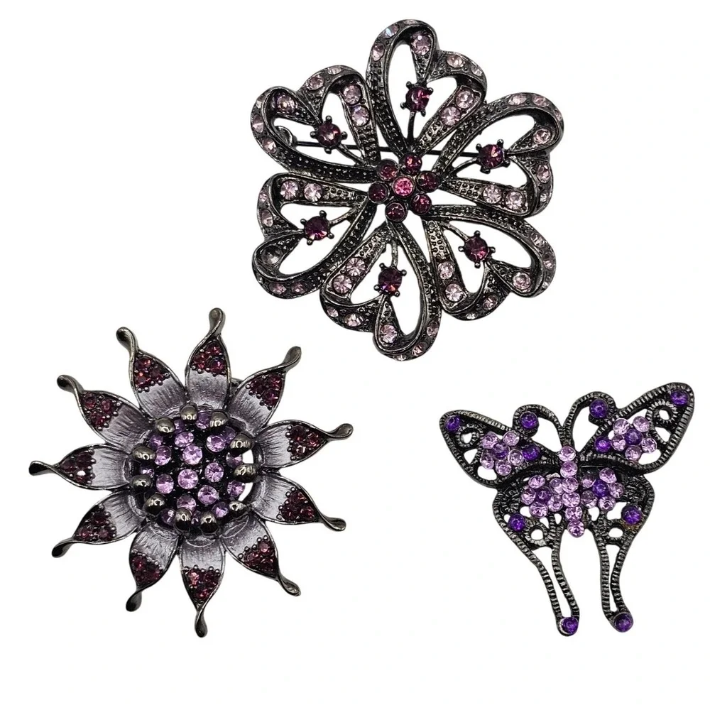 Rhinestone Floral Butterfly Brooch Pin Set 3pc Purple Pink Gunmetal‎ Whimsigoth
